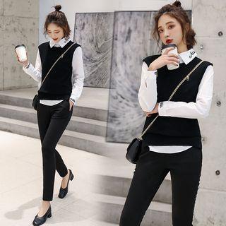 Set: Plain Vest + Dress Pants + Lettering Blouse