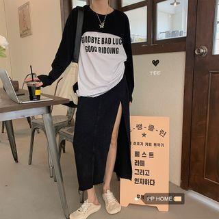 Long-sleeve Mock Two-piece Lettering T-shirt Black & White - One Size
