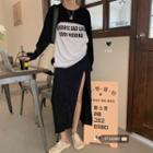 Long-sleeve Mock Two-piece Lettering T-shirt Black & White - One Size