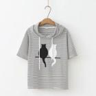 Striped Cat Print Hooded Short-sleeve T-shirt Black - One Size