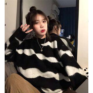 Zebra Pattern Crewneck Furry Sweater Stripes - Black & White - One Size