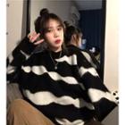 Zebra Pattern Crewneck Furry Sweater Stripes - Black & White - One Size