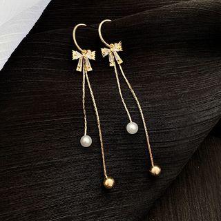 Faux Pearl Rhinestone Bow Fringed Earring 1 Pair - Gold - One Size
