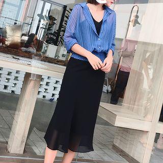 Set: Chiffon Long-sleeve Blouse + Strappy Midi Dress