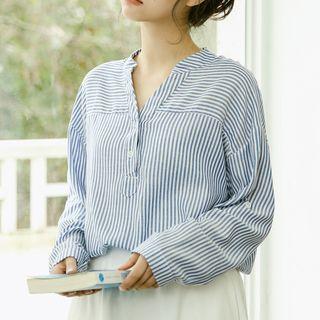 Split-neck Striped Blouse Blue - One Size