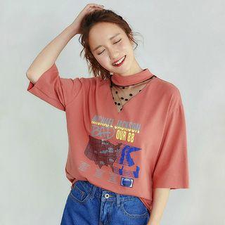 Dotted Mesh-panel Printed T-shirt