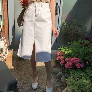 Slit-front Stitched Denim Midi Skirt
