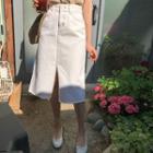 Slit-front Stitched Denim Midi Skirt