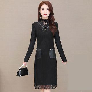 Long-sleeve Lace Mock-neck Shift Dress