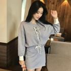 Set: Batwing-sleeve Lace-up Top + Drawstring Skirt