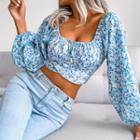 Long-sleeve Square Neck Floral Crop Top
