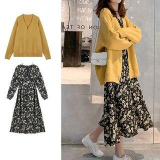 Plain Cardigan / Long-sleeve Floral Dress / Set