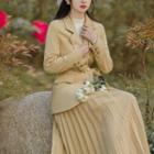 Set: Tie-waist Single-breasted Blazer + Pleated Midi A-line Skirt