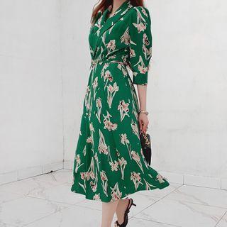 3/4-sleeve Open-collar Floral Print Tie-waist Midi A-line Shirtdress