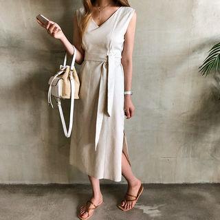 Sleeveless Tie-waist Linen Blend Long Dress
