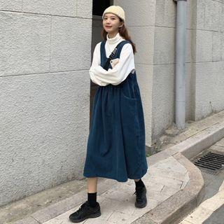 Corduroy Pinafore Dress / Turtleneck Puff-sleeve Sweatshirt