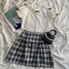 Puff-sleeve Bow Shirt / Tie Strap Plaid Skirt ( Various Designs )