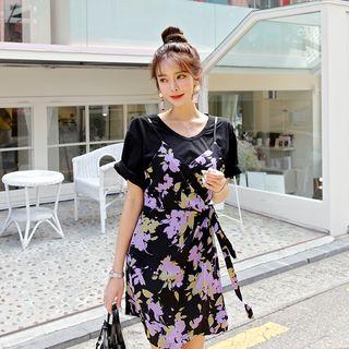 Set: Spaghetti-strap Floral Wrap Dress + T-shirt