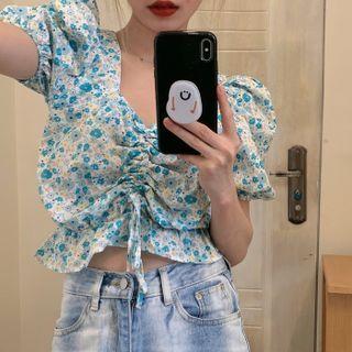 Short-sleeve Floral Print Drawstring Cropped Blouse