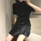 Corduroy Short-sleeve Slim-fit Qipao Black - One Size