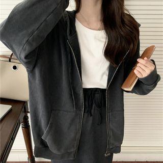 Zip-up Hoodie / Slit-back Midi Skirt