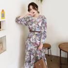 Floral Print Ruffle-hem Dress Cream - One Size
