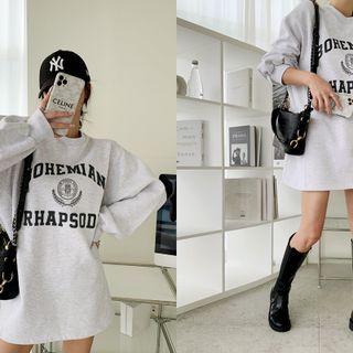 Fleece-lined Letter Print Long Sweatshirt Melange White - One Size