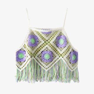 Color Block Fringe Crochet Tank Top Green - One Size