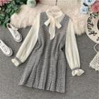 Set: Bow Accent Chiffon Blouse + Button Detail Pinafore Dress Blouse - White - One Size / Pinafore Dress - Gray - One Size