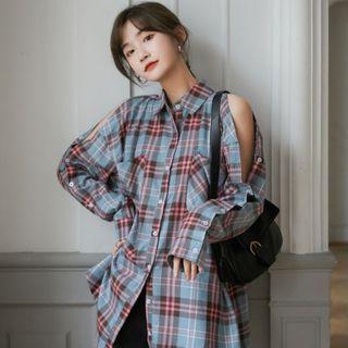 Color-block Plaid Off-shoulder Long-sleeve Shirt