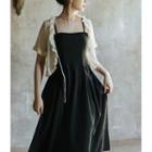 Spaghetti-strap Plain Midi A-line Dress / Short-sleeve Cropped Cardigan / Set
