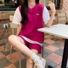 Set: Elbow-sleeve Mock Two-piece T-shirt + Wide Leg Shorts