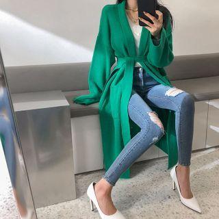 Shawl-collar Long Cardigan With Sash