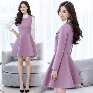 Set Of 2 / Set Of 3 / Frilled Trim Long Sleeve Top / Sleeveless A-line Dress / Cropped Cardigan