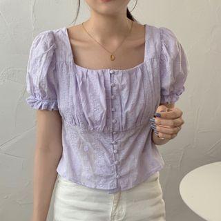 Puff-sleeve Square-neck Embroidered Cropped Blouse Purple - One Size
