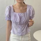 Puff-sleeve Square-neck Embroidered Cropped Blouse Purple - One Size