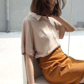 Short-sleeve Front Pocket Plain Blouse