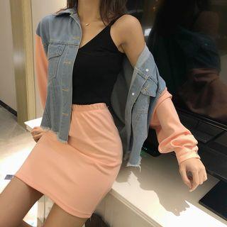 Patchwork Frayed Denim Jacket / A-line Skirt