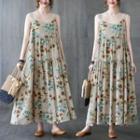 Sleeveless Print Loose-fit Dress Khaki - One Size