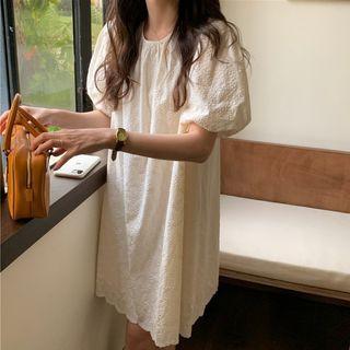 Puff-sleeve Lace A-line Dress Almond - One Size