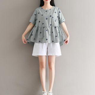 Short-sleeve Striped Floral Embroidered Top