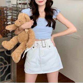Cap-sleeve Crop Top / Belted Mini Skirt