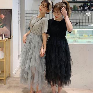 Short-sleeve A-line Midi Mesh Dress