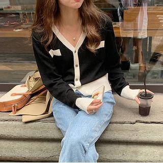 V-neck Two-tone Knit Cardigan Black - One Size