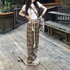 Plaid Straight Leg Pants / Short-sleeve Print T-shirt / Belt