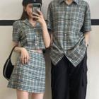 Couple Matching Plaid Short-sleeve Shirt / Mini Straight-fit Skirt / Set