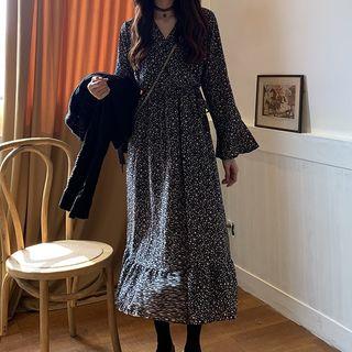Floral Print Bell-sleeve A-line Midi Dress / Cropped Cable Knit Sweater