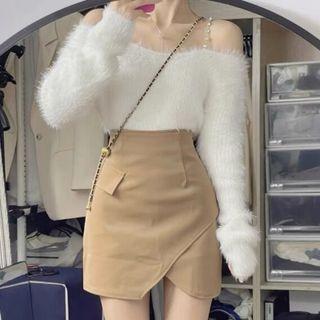 Long-sleeve Cold Shoulder Knit Top / Irregular Mini Pencil Skirt / Set