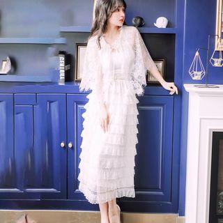 Set: Strappy Midi A-line Dress + Light Jacket White - One Size