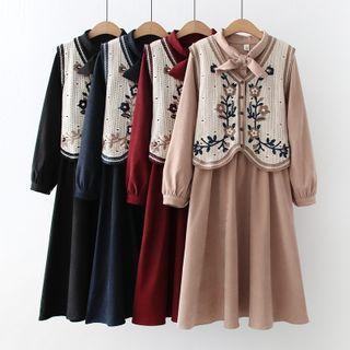 Set: Long-sleeve Tie-neck Midi A-line Dress + Floral Embroidered Vest